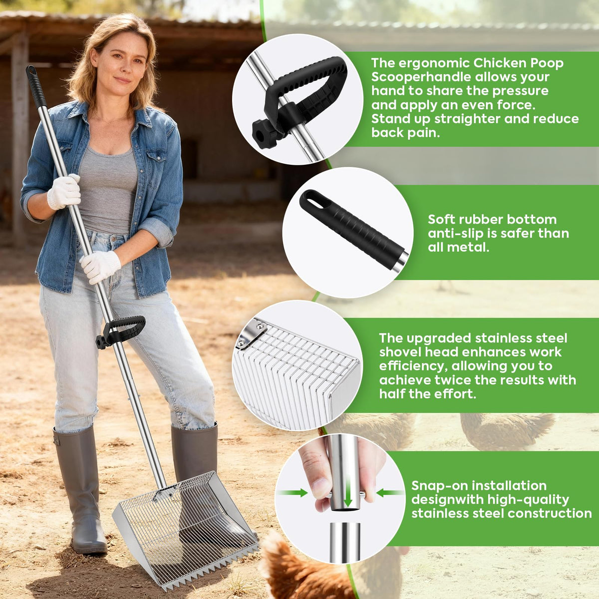 MarchingGreen rust-resistant stainless steel scoop-rake ready for daily use.
