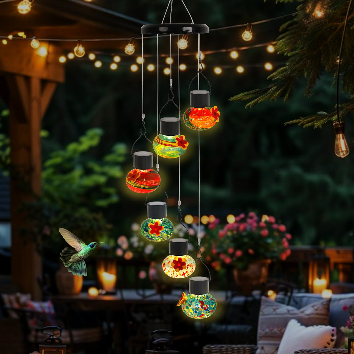 Marchrose wind-chime illumination at night provides a soothing glow for outdoor spaces
