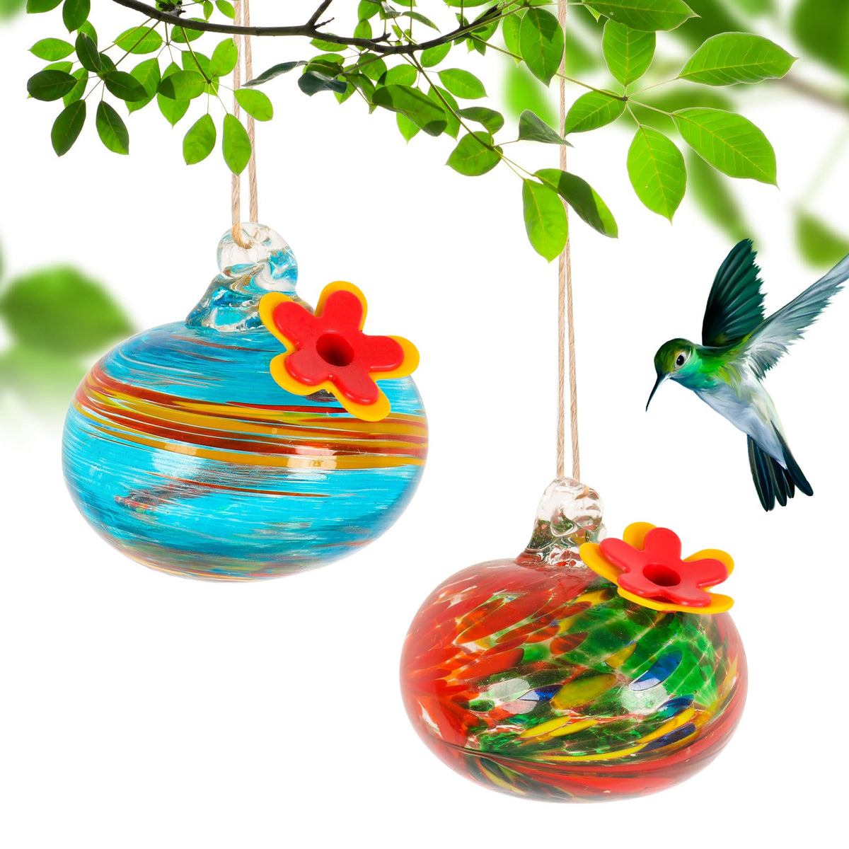 Marchrose two-piece blown glass hummingbird feeder ellipse attracts hummingbirds with vibrant color