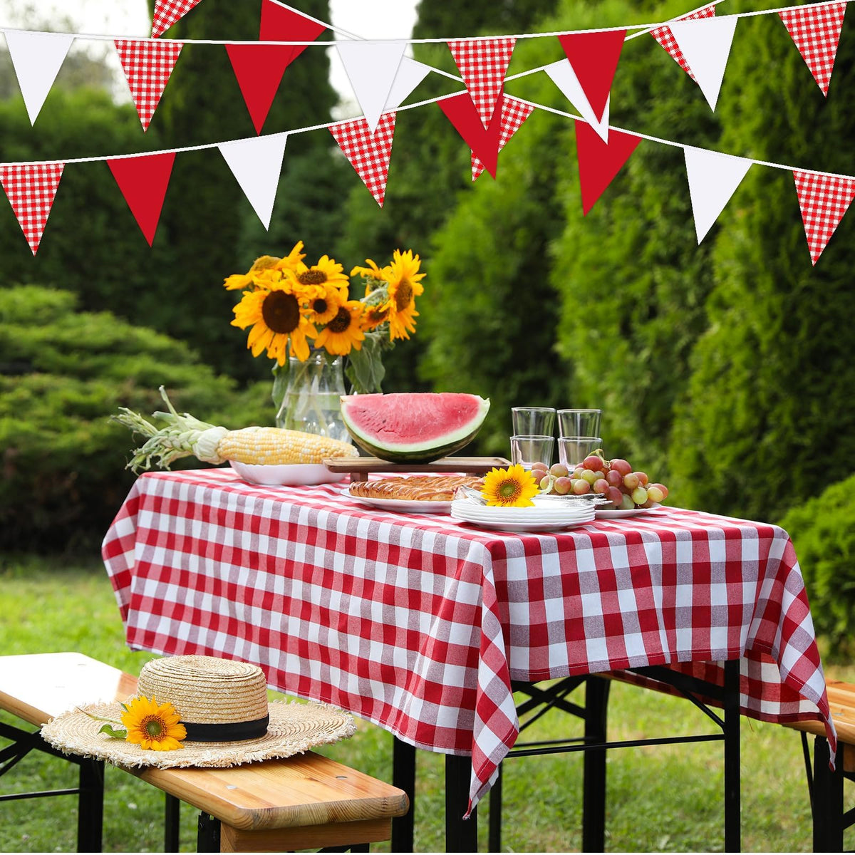 MARFOREVER red plaid banner brightens picnics and garden parties with charm.