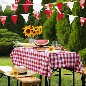 MARFOREVER red plaid banner brightens picnics and garden parties with charm.