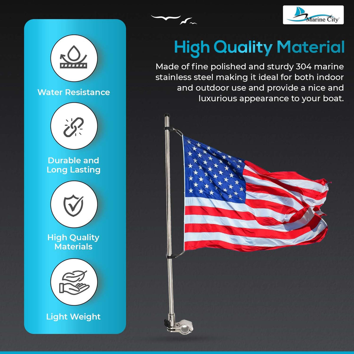 MARINE CITY rail-mounted clamps securing flag pole on flat surface