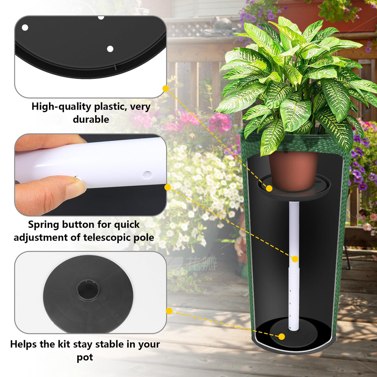 MARKBIT telescopic-rod planter insert enables quick height adjustments.