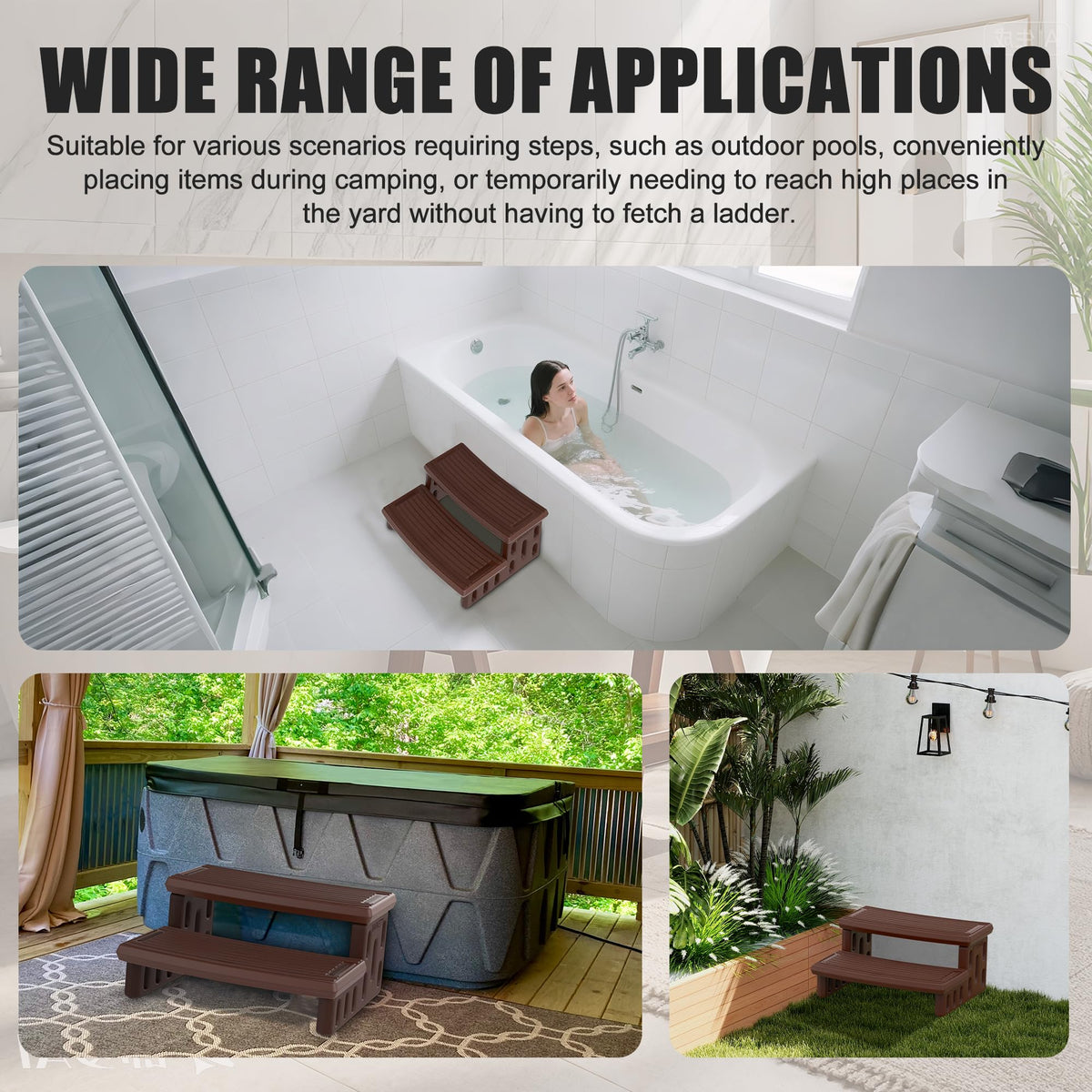 MARKETTY hot tub steps alongside tub for indoor and outdoor convenience.