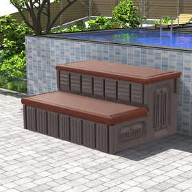 Marketty hot tub steps with storage lid open for towels and tools within reach.