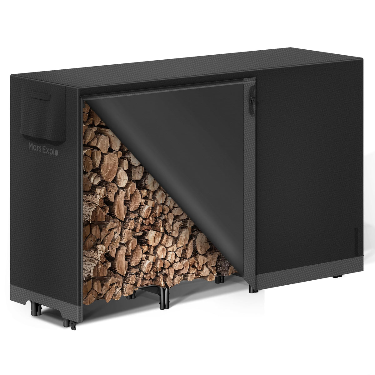 Mars Explo 6ft firewood log rack front view shows sturdy steel frame for organized outdoor storage