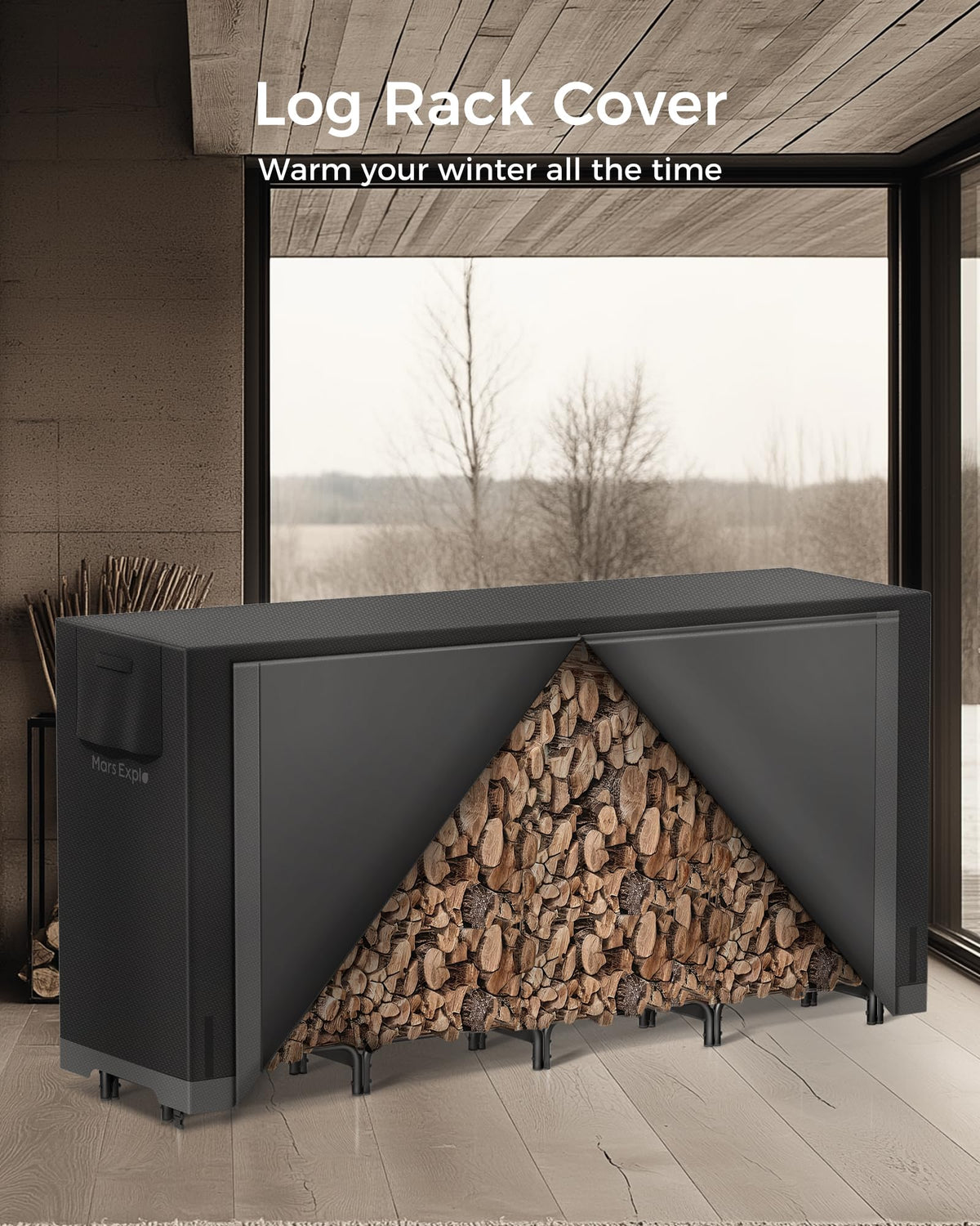 Mars Explo firewood rack cover protects wood from rain and dust