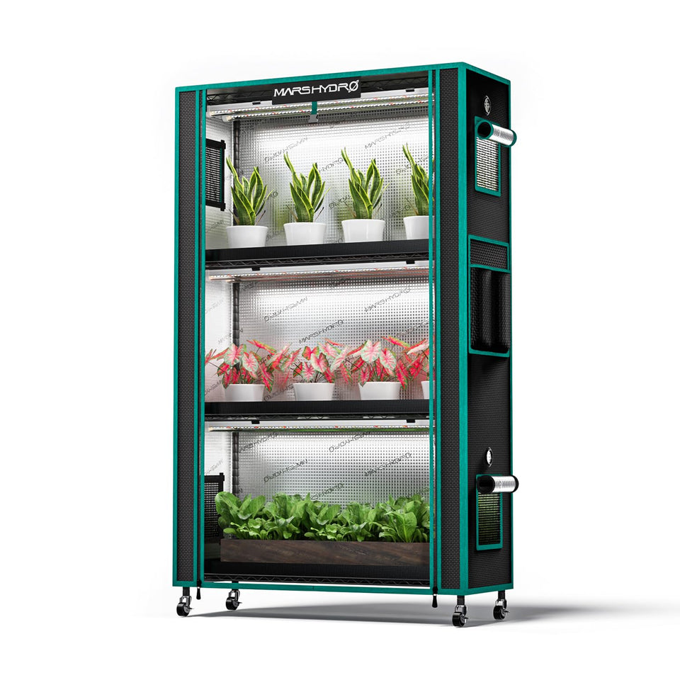 Mars Hydro 2025 plant stand with grow lights supporting thriving seedlings
