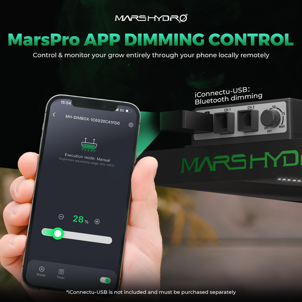 Mars Hydro iConnectu setup image showing WiFi/Bluetooth pairing for remote control.