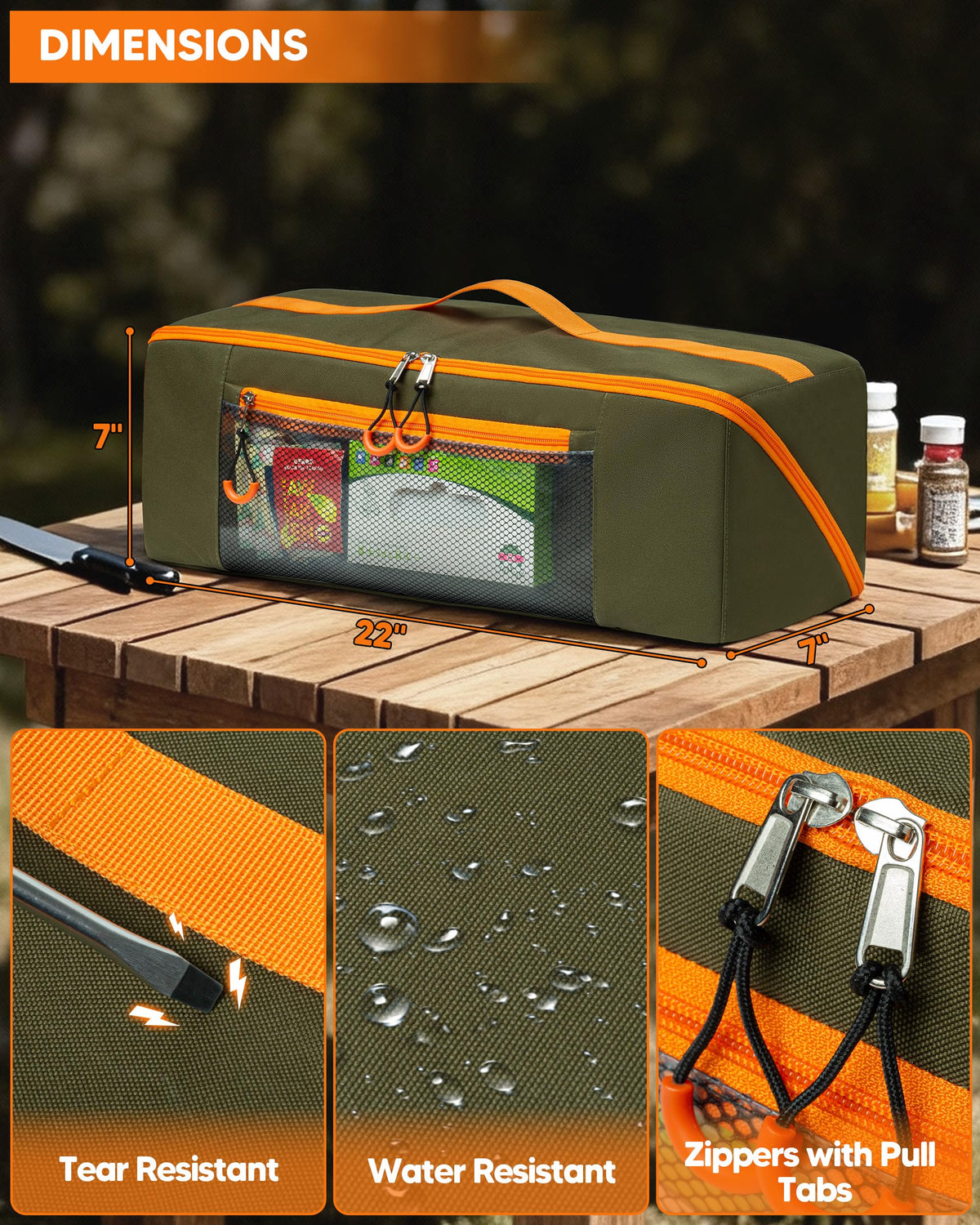 Marscamd 22in bag dimensions shown for grill and griddle tool storage.