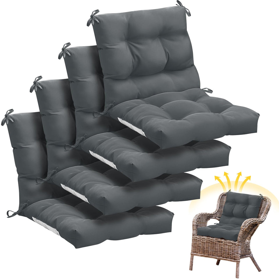 Marsui four-piece outdoor chair cushions in dark gray provide comfortable seating for patio gatherings.