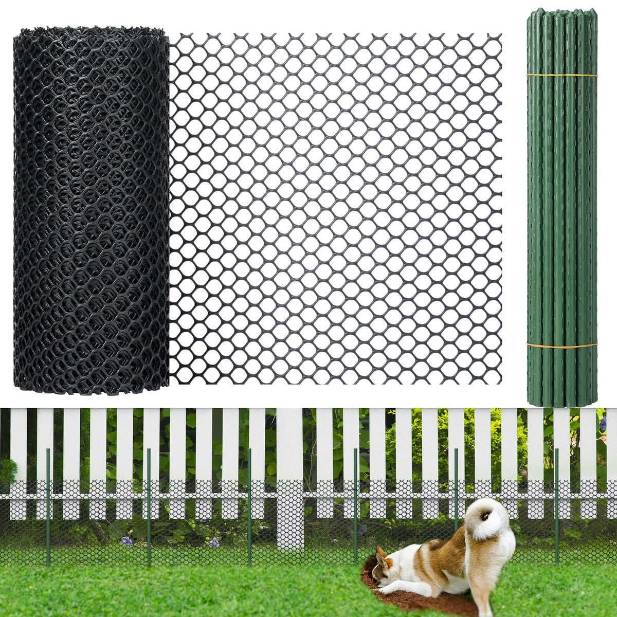 Marsui Animal Barrier Fence kit contents showing mesh, stakes, and ties for pets and garden protection.