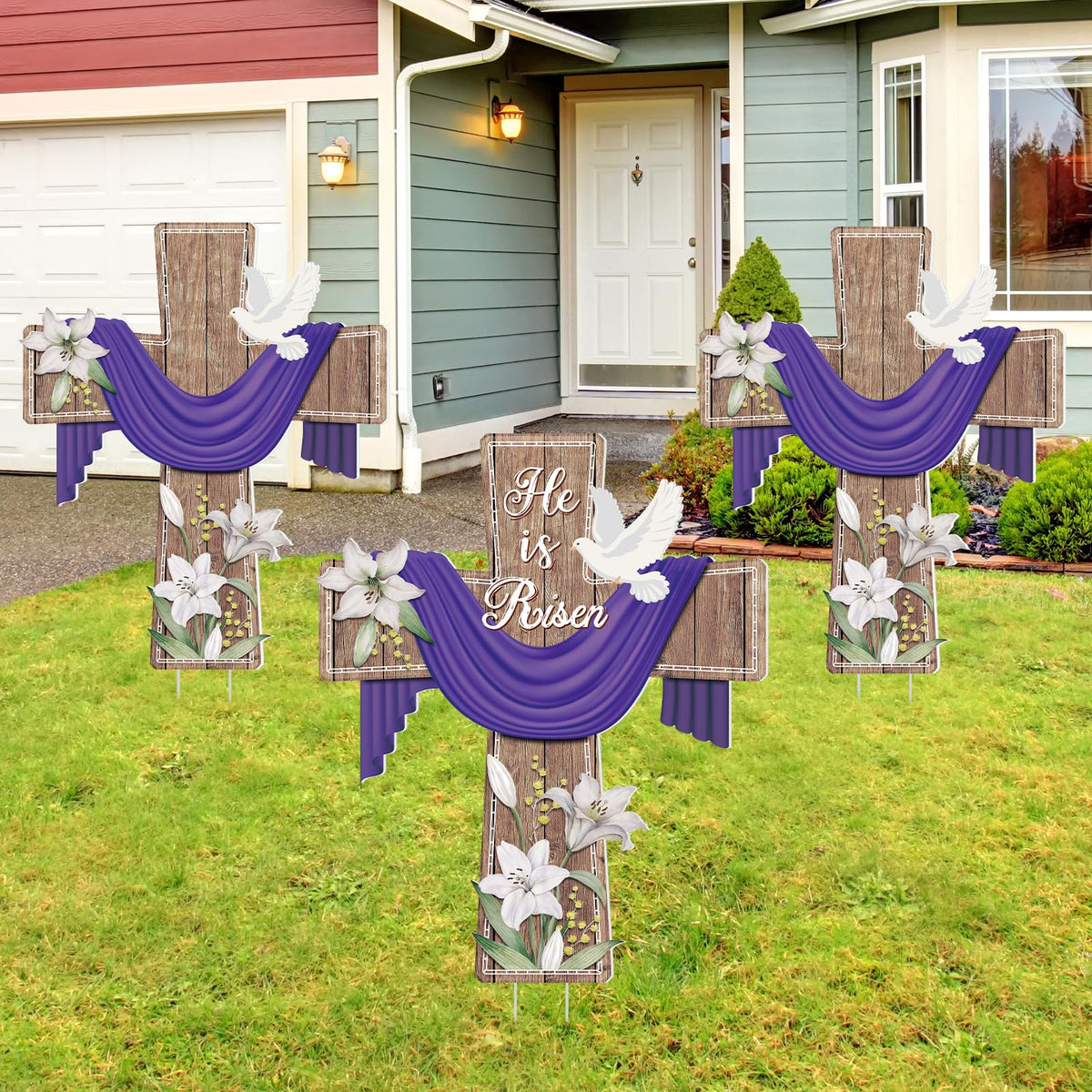 Marsui Easter He Is Risen yard sign set with cross design for outdoor display.