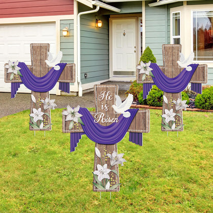 Marsui Easter He Is Risen yard sign set with cross design for outdoor display.
