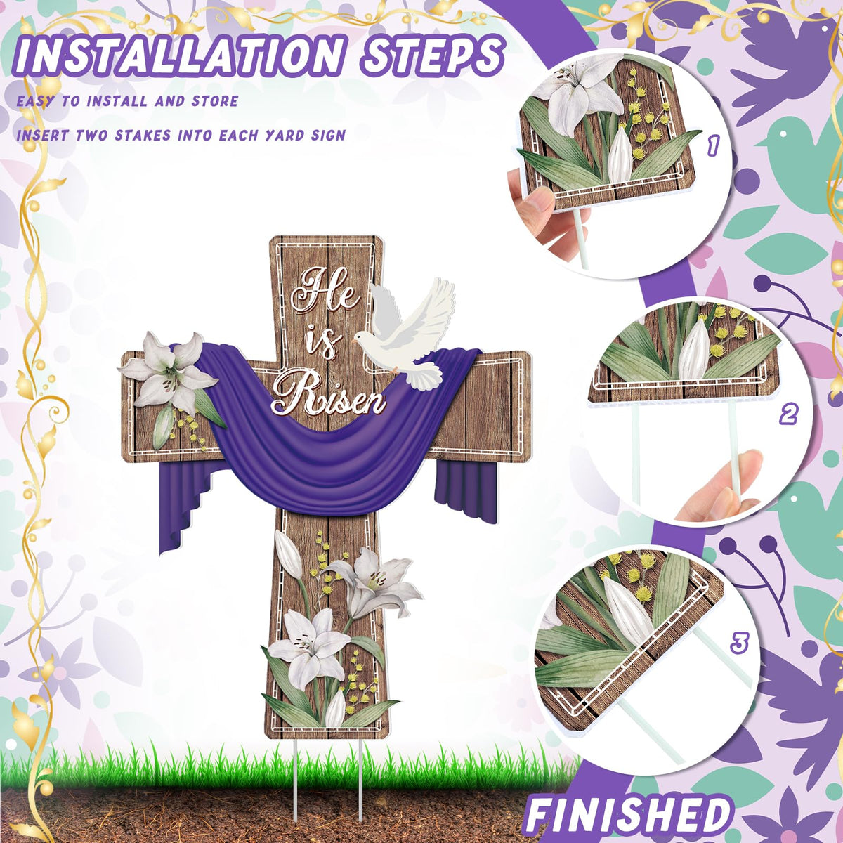 Marsui outdoor Easter decor cross sign with stake for easy setup.