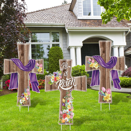 Marsui He Is Risen cross with floral design yard sign for outdoor Easter display.