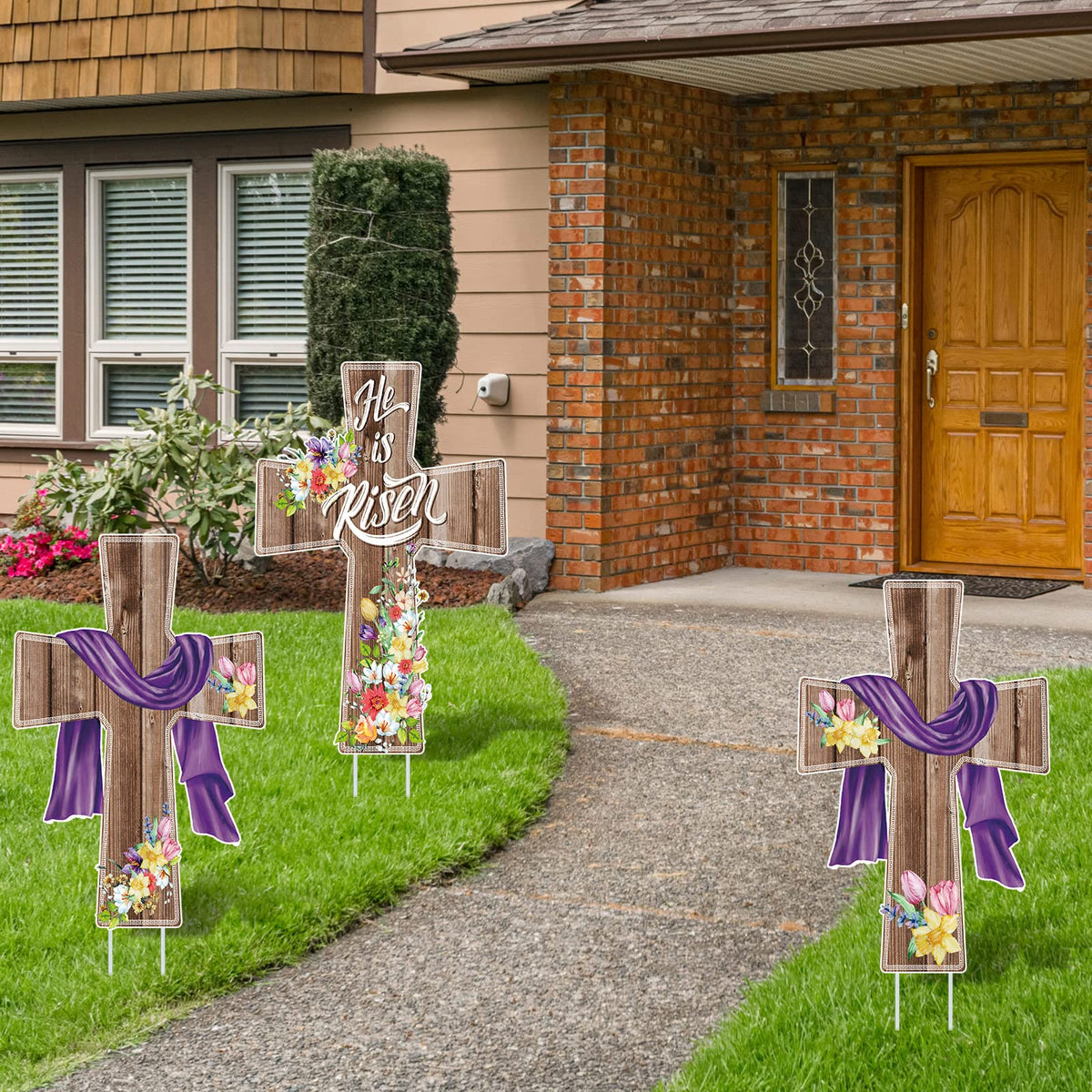 Marsui He Is Risen cross floral yard sign for porch and garden.