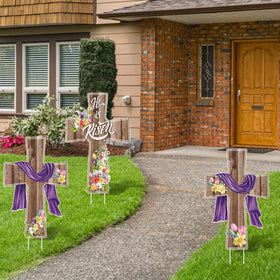 Marsui He Is Risen cross floral yard sign for porch and garden.