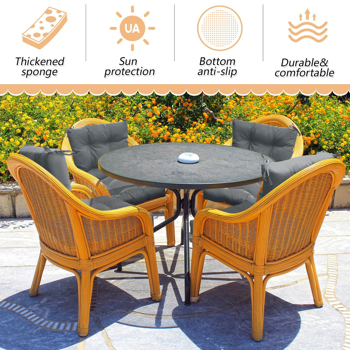 Cushions with top and mid ties fasten easily to chairs.