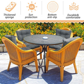 Cushions with top and mid ties fasten easily to chairs.