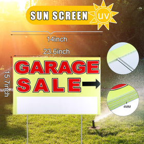 Marsui garage sale sign back view demonstrates double-sided messaging for more information.