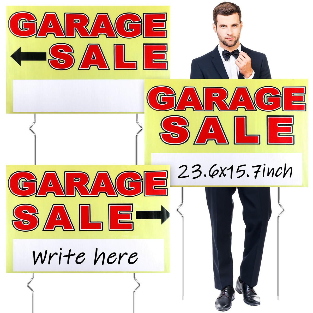 Marsui garage sale sign front view shows vibrant colors for easy curbside visibility.