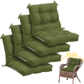 Marsui moss green 4-piece outdoor chair cushions on a patio, weather-ready and cozy