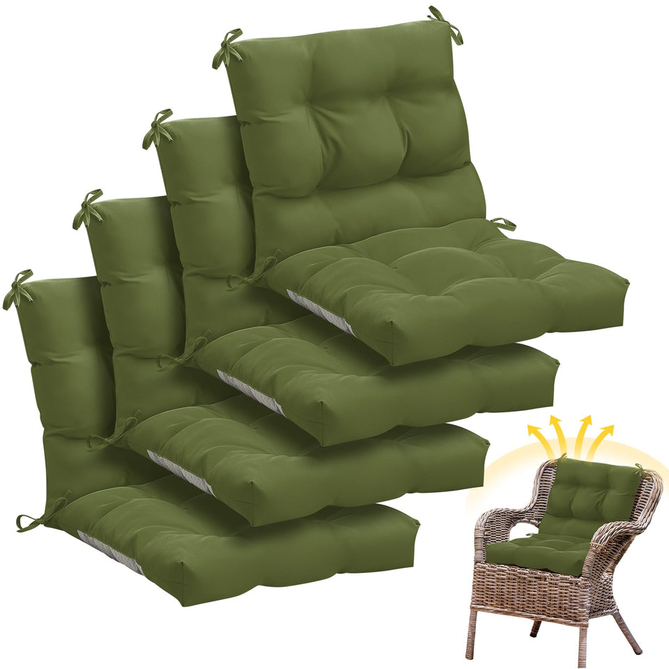 Marsui moss green 4-piece outdoor chair cushions on a patio, weather-ready and cozy