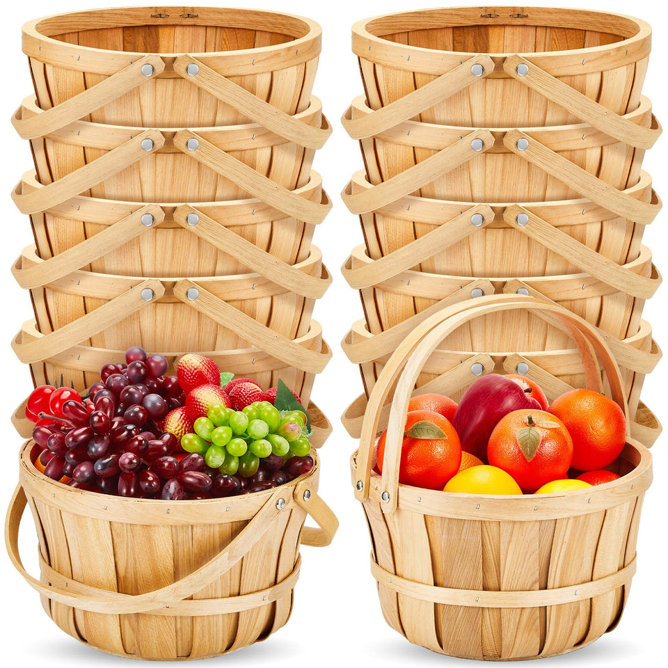 Marsui round wooden apple basket with sturdy handles for easy harvest and display.