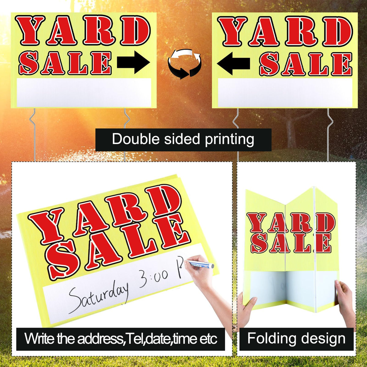 Marsui yard sale stake assembly demonstrates tool-free setup with metal stakes.