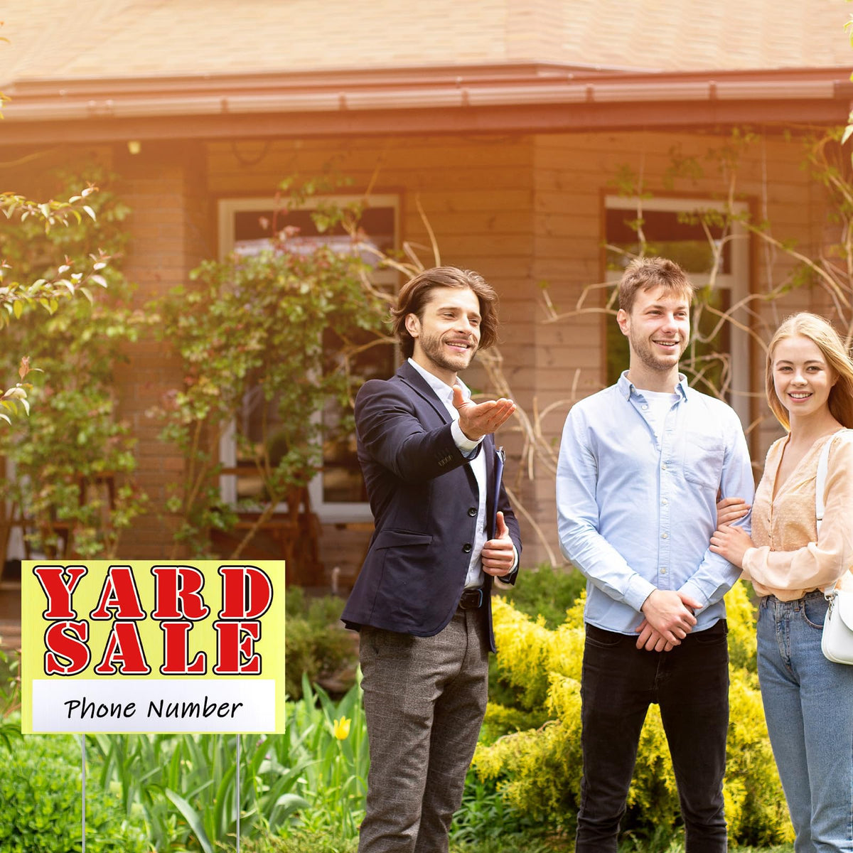 Marsui yard sale sign used outdoors withstands weather due to sturdy corrugated plastic.