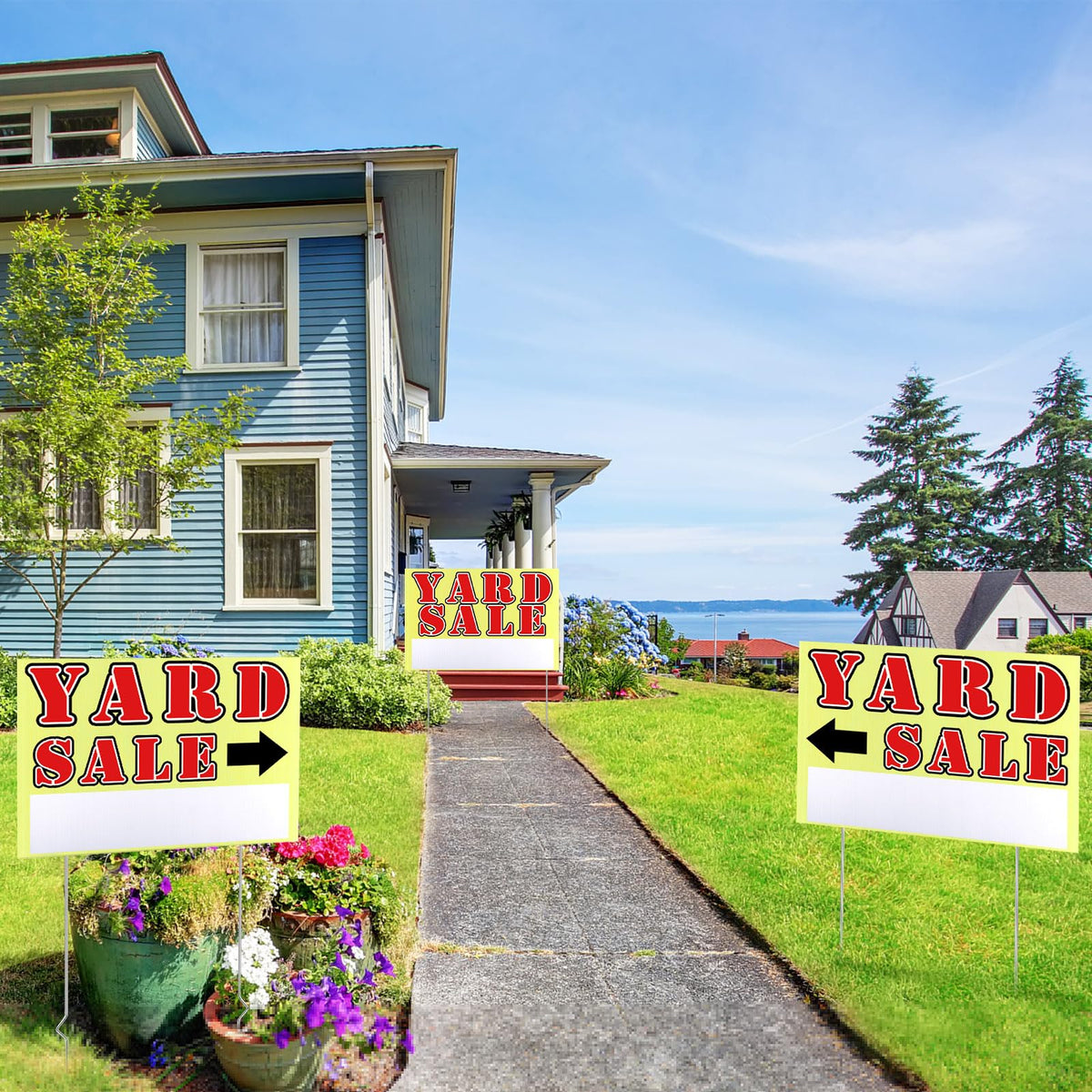 Marsui yard sale sign dual-sided detail highlighting space for date and contact.