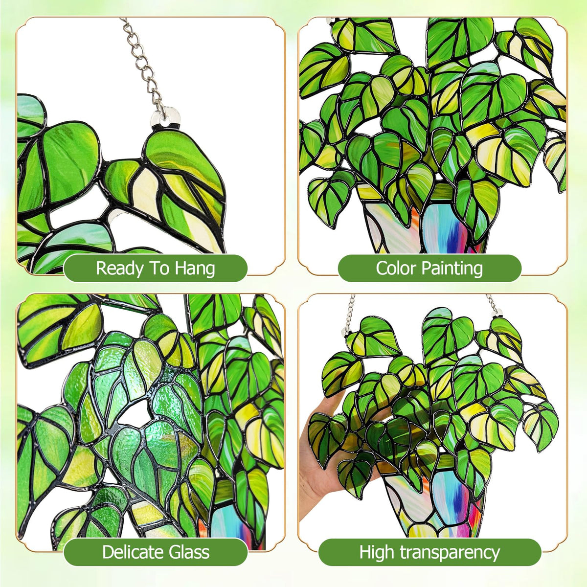 Glass plant suncatcher from Marzovitra brightens a window scene