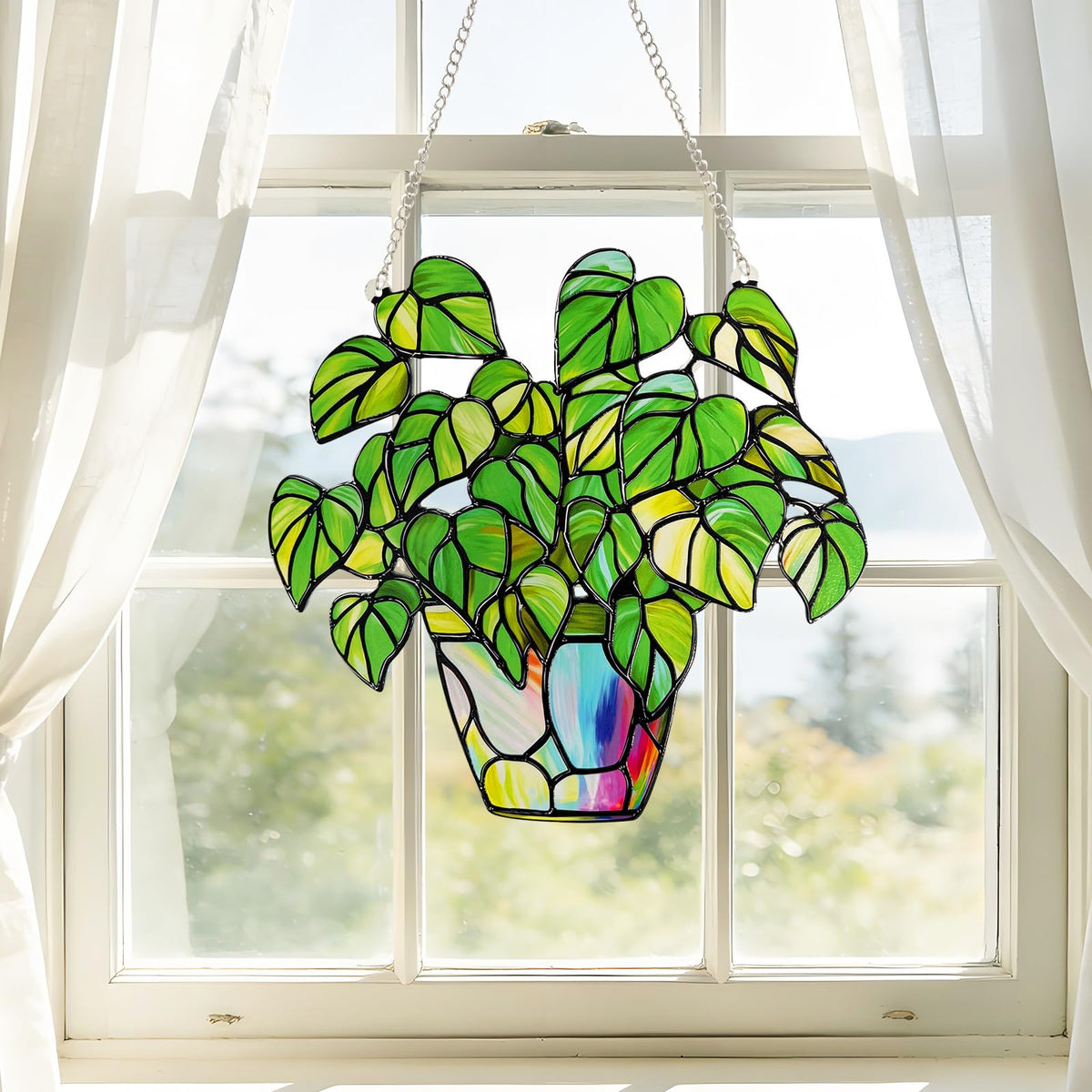 Sunlight plays through the stained glass for a luminous glow
