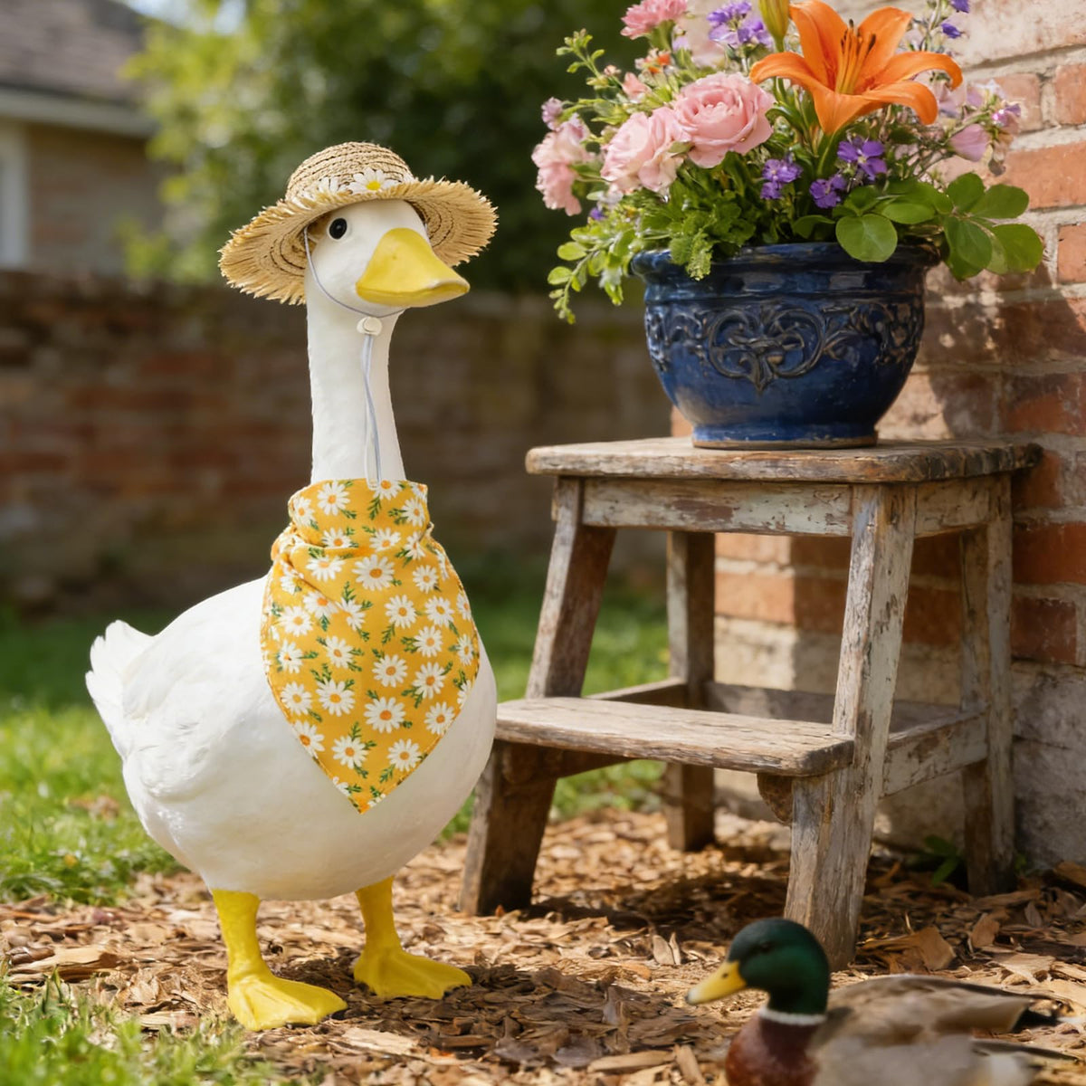 Mason Life full ensemble on goose statue brightens outdoor display.