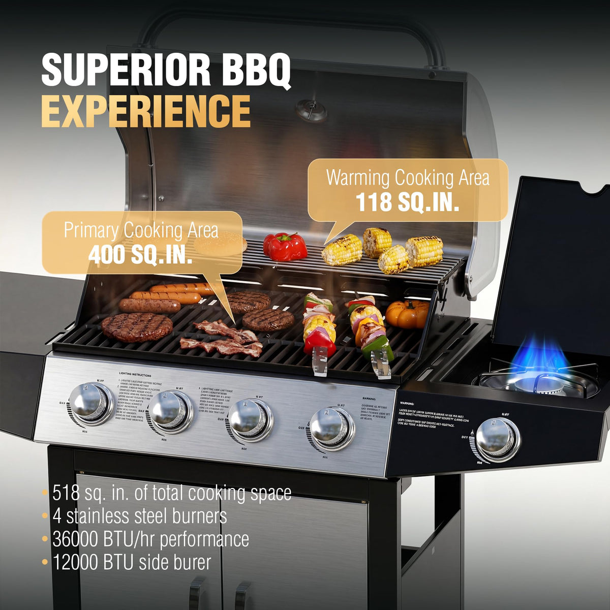 Master Cook 4+1 grill side burner enables sauces and sides while grilling