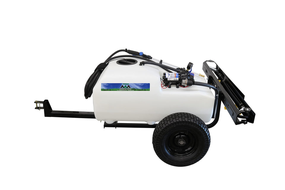 Master Mfg 36gal trailer broadcast sprayer for large-property coverage.