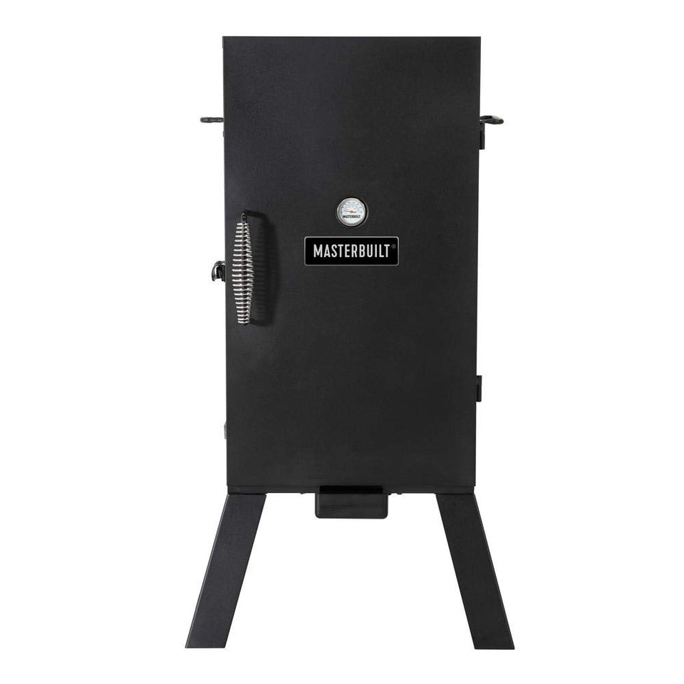 Masterbuilt MB20070210 30in smoker front view with three chrome racks for even smoking
