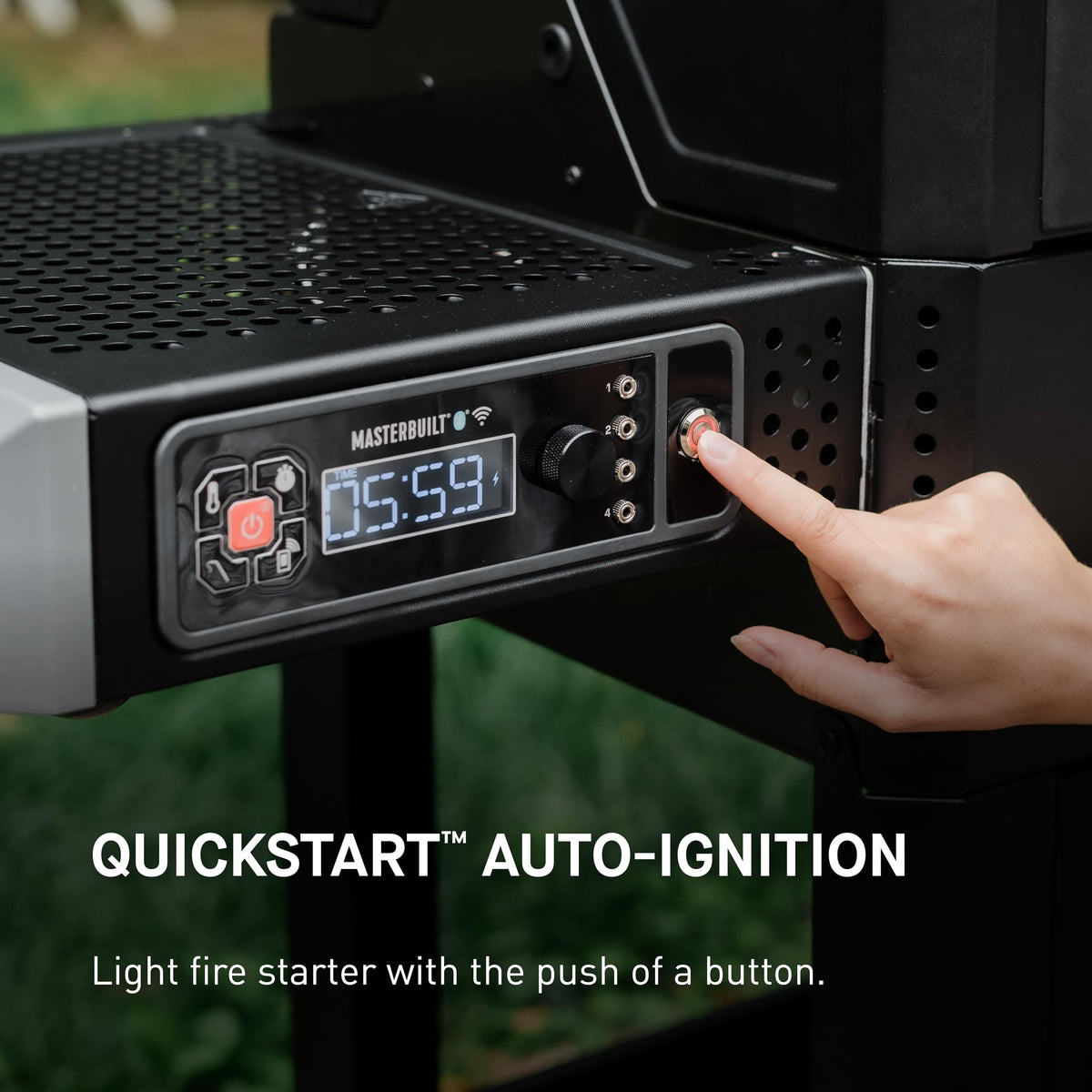 Masterbuilt QuickStart ignition button for effortless fire-starting.