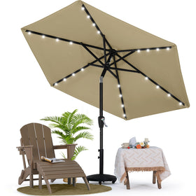 Mastercanopy 7.5ft umbrella top-panel solar LEDs illuminate outdoor evenings.