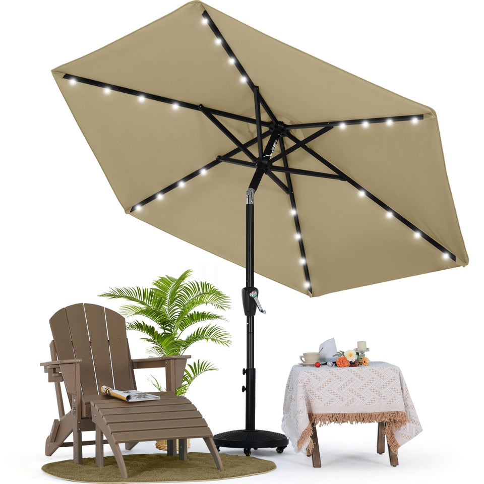 Mastercanopy 7.5ft umbrella top-panel solar LEDs illuminate outdoor evenings.