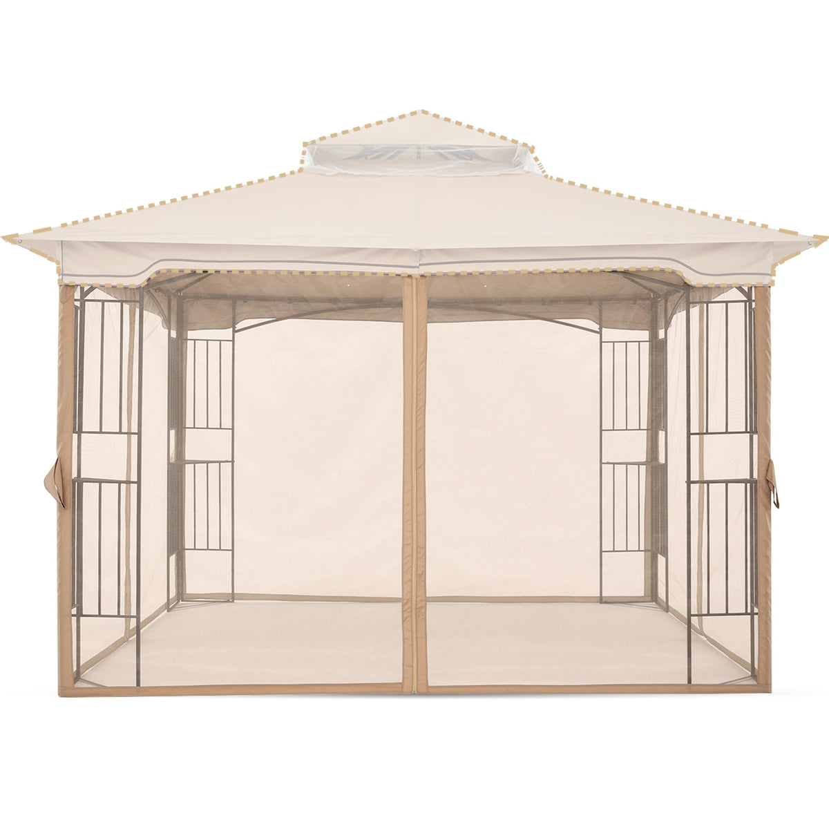 MASTERCANOPY patio mosquito netting wall with brown trim for comfortable outdoor dining.