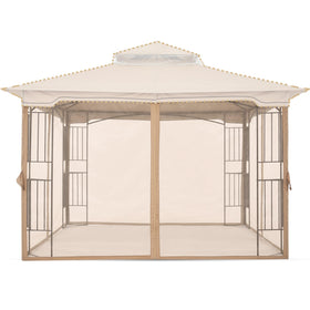 MASTERCANOPY patio mosquito netting wall with brown trim for comfortable outdoor dining.