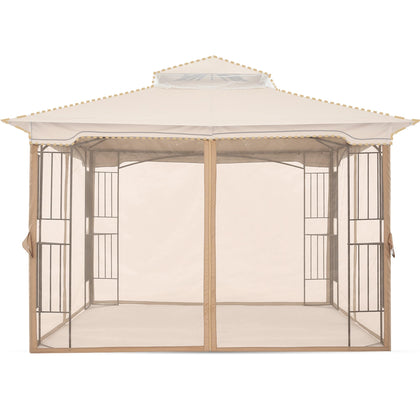 MASTERCANOPY patio mosquito netting wall with brown trim for comfortable outdoor dining.