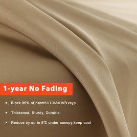 MASTERCANOPY UV-protective fabric close-up suggests sun protection for seating areas.