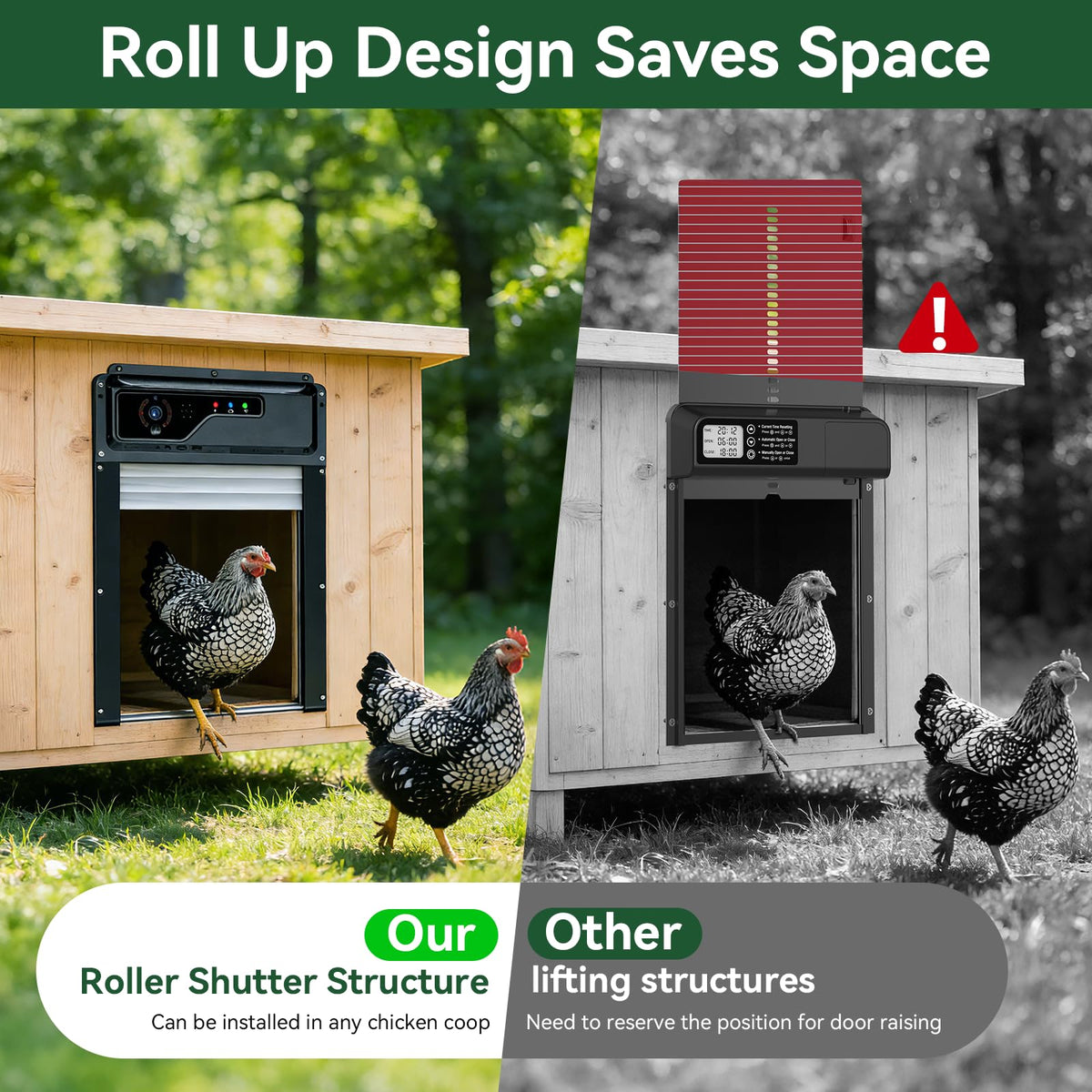 MASTERFUN anti pinch safety reverses on contact with poultry.