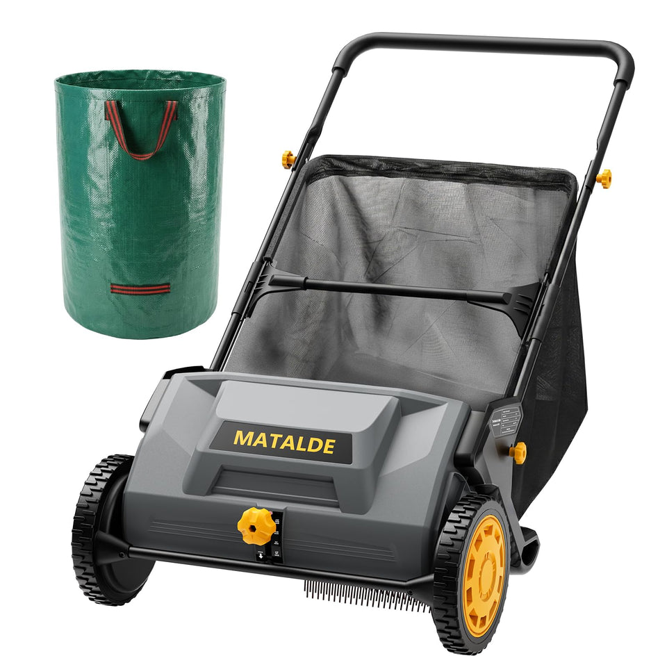 Matalde 21in push lawn sweeper front view showing wide cleaning path for debris