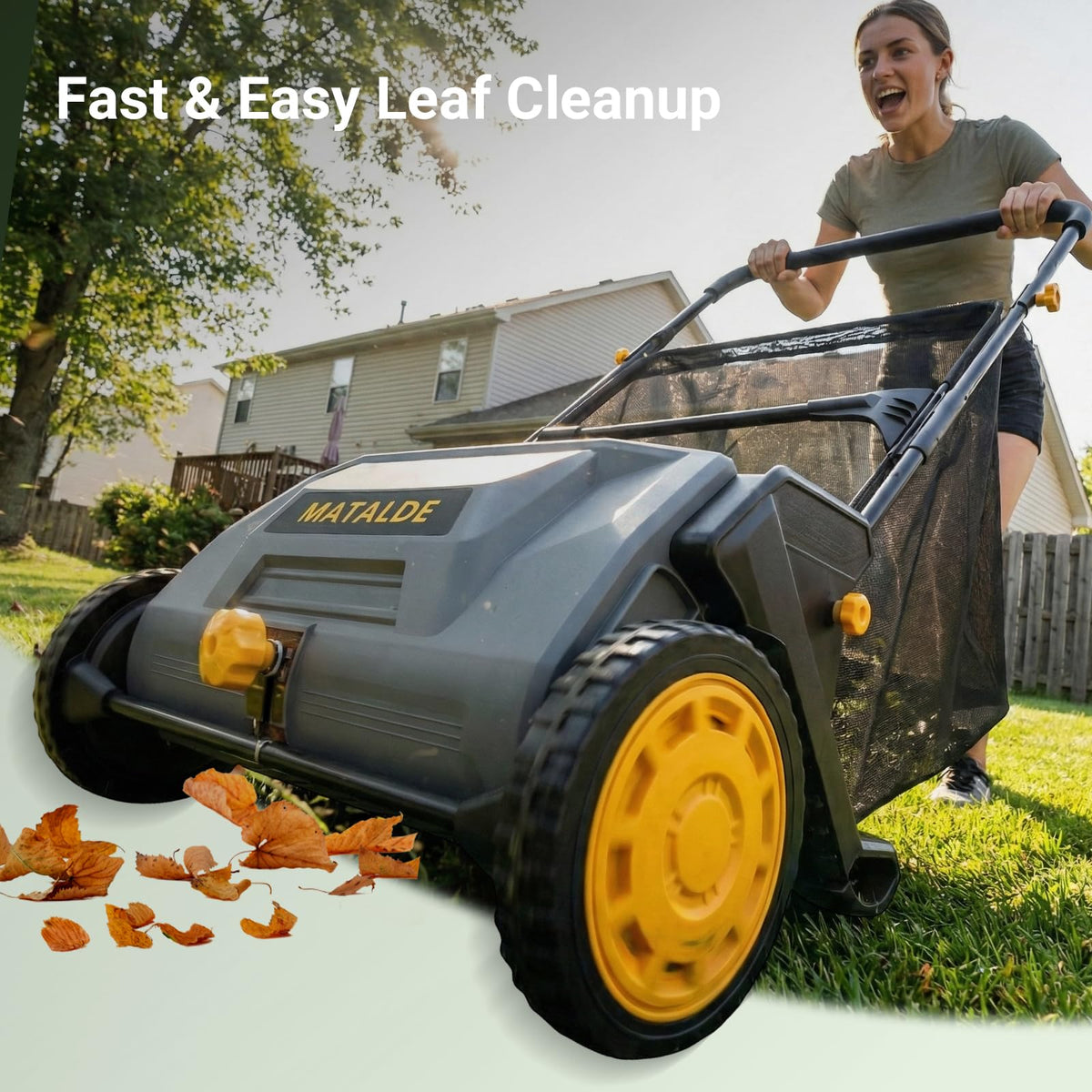 Matalde 21in push lawn sweeper side view highlighting compact profile