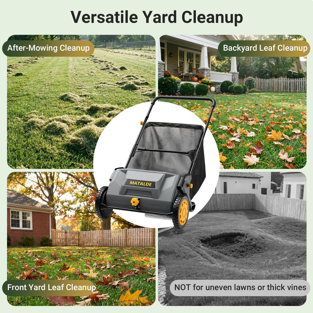 Matalde lawn sweeper clearing leaves and grass clippings after mowing