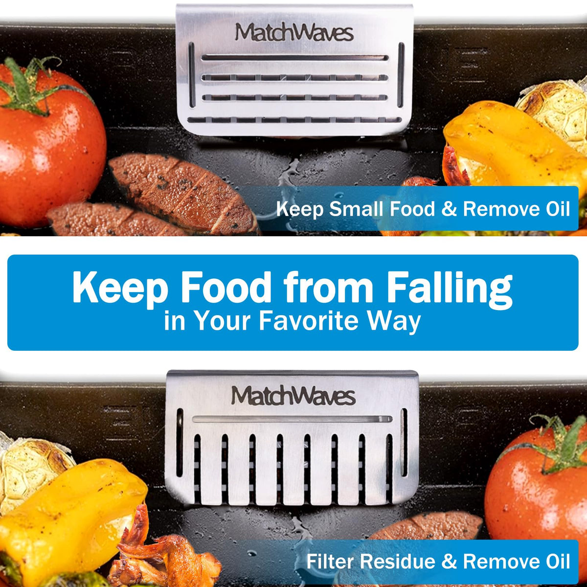 Matchwaves Grease Gate Blocker front view showing dual guard for flexible cooking